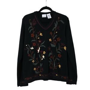 Vintage Bobbie Brooks Embroidered Floral Black V Neck Sweater L Granny Boho